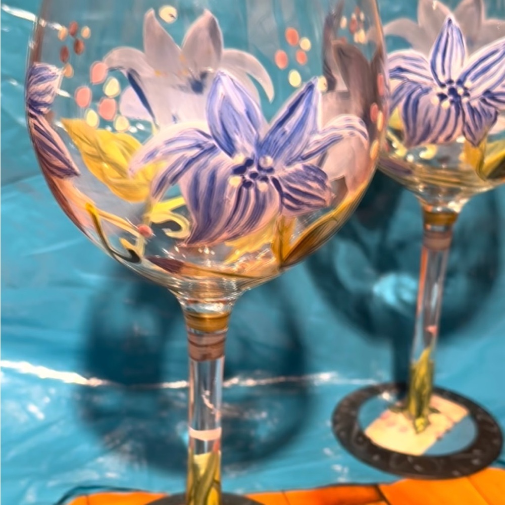 Elegant and Classy “Blue Flowers” Set of Wine Glasses by local Kentucky artisan!